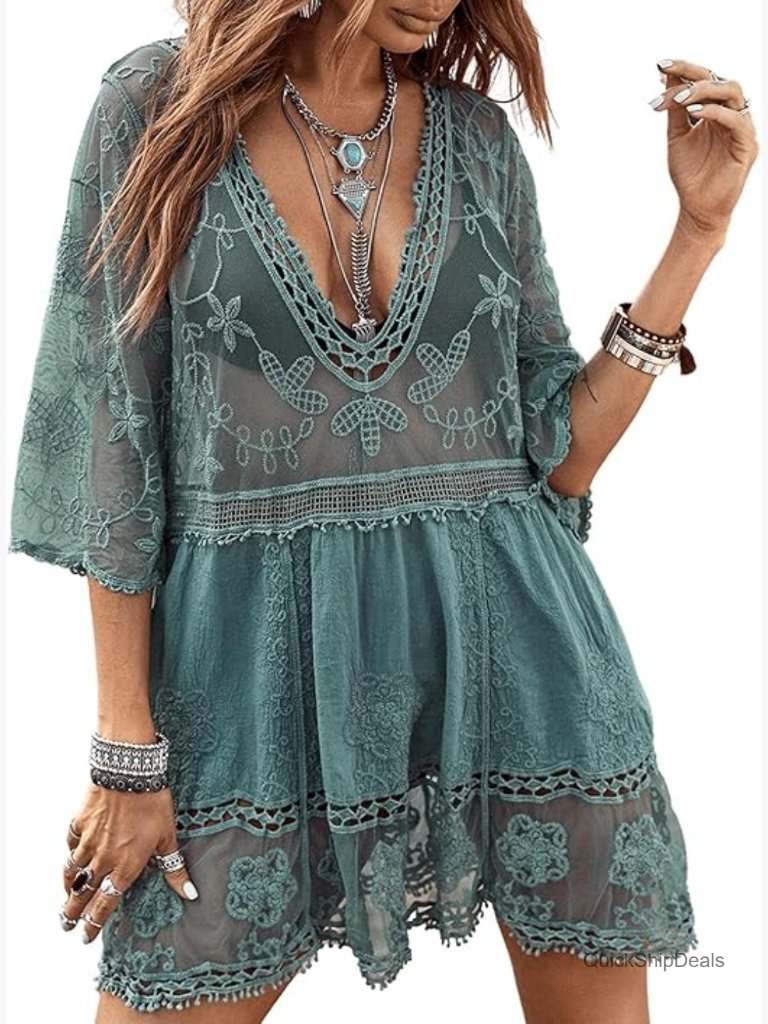Contrast Lace V-Neck Swimsuit Cover Up Beach Dress Coverup